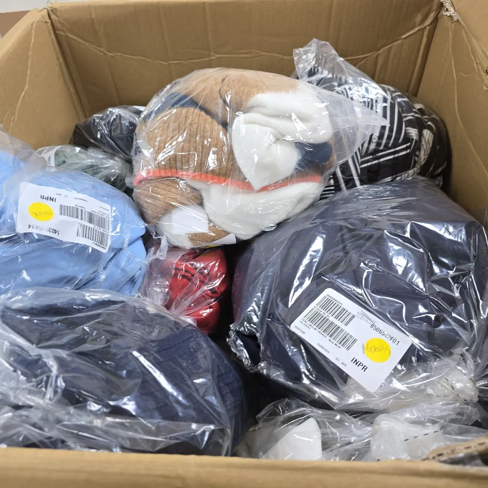 LARGE BOX OF APPROX 15 ASSORTED CLOTHING ITEMS IN VARIOUS STYLES , SIZES AND COLORS