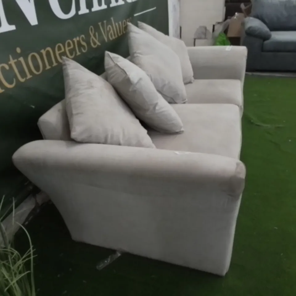 DESIGNER LIGHT GREY FABRIC THREE SEATER SOFA WITH SCATTER BACK CUSHIONS 