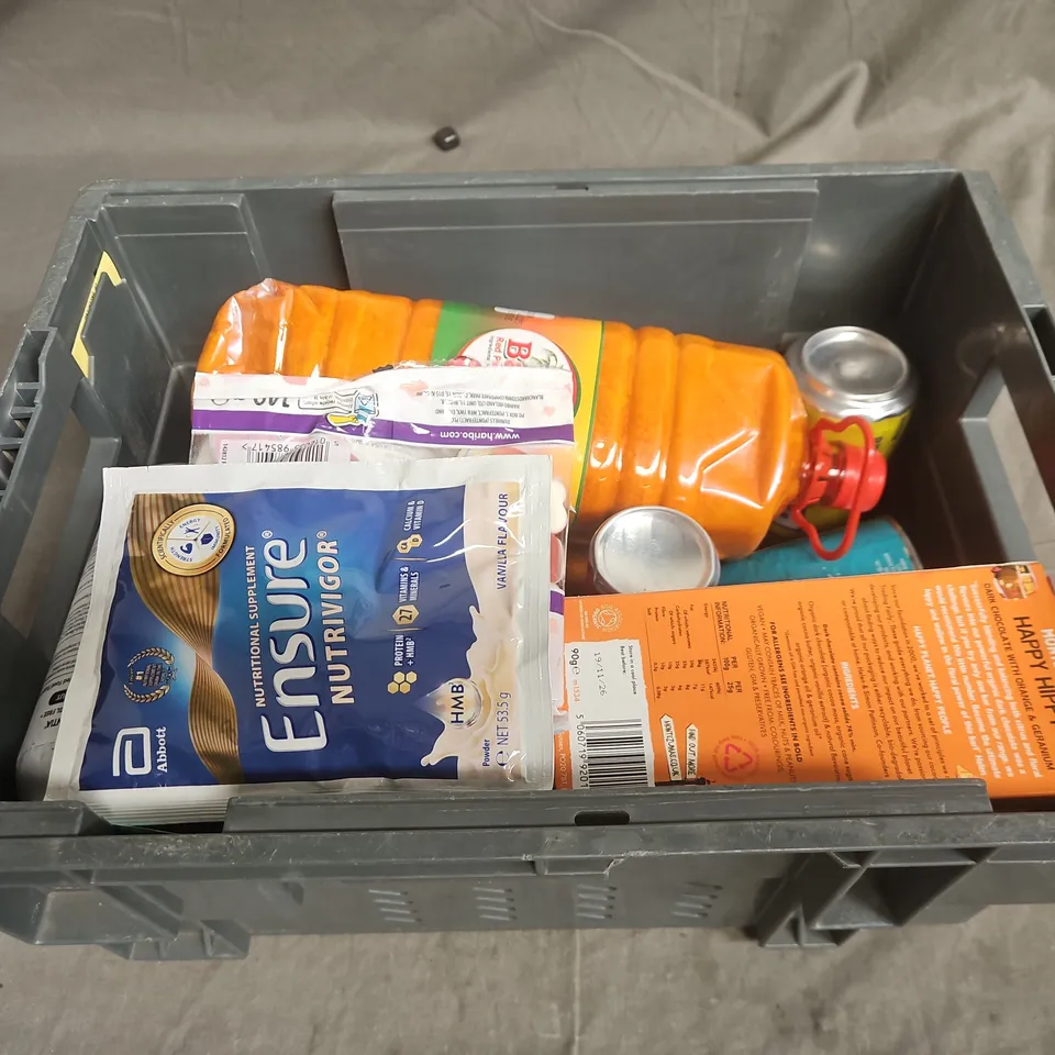 TOTE OF APPROXIMATELY 11 ASSORTED FOOD AND DRINK ITEMS TO INCLUDE FANTA LEMON , ENSURE NUTRIVIGOR , ORGANIC SUPERFOOD , ETC 