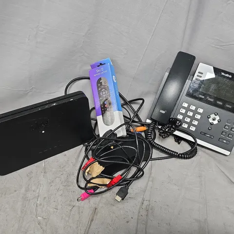 APPROXIMATELY 12 ASSORTED HOUSEHOLD ITEMS TO INCLUDE SKY Q REMOTE, ROUTER, YEALINK PHONE, ETC