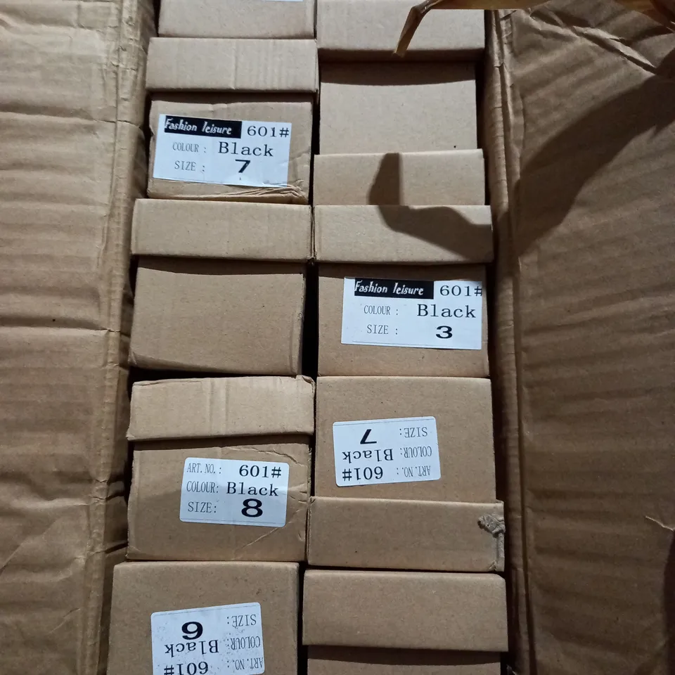 APPROXIMATELY 24 BOXED PAIRS OF FLAT SLIP ON SHOES IN BLACK GLITTER VARIOUS SIZES 6, 7, 8