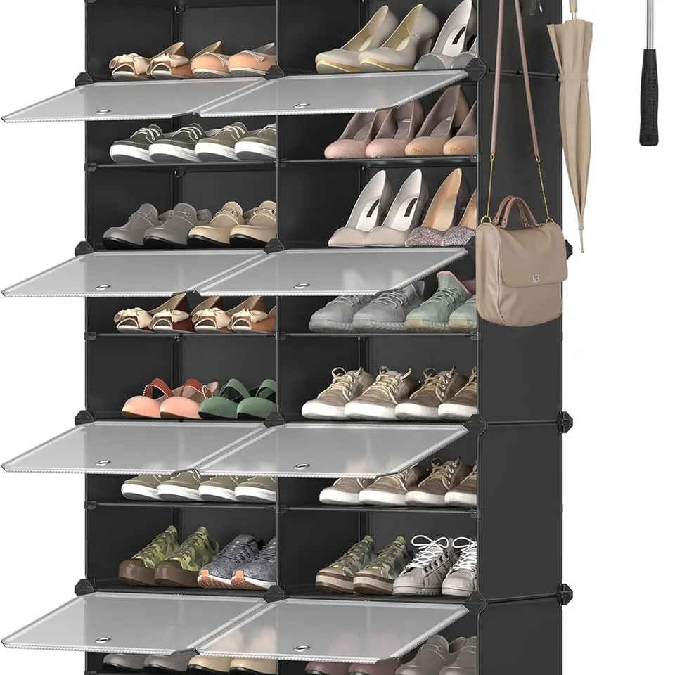BOXED SONGMICS INTERLOCKING SHOE RACK, 10-SLOT MODULAR STORAGE ORGANISER UNIT, 30×40×30CM FOR EACH SLOT, WITH DOORS, STEEL FRAME, PLASTIC PANELS, BLACK