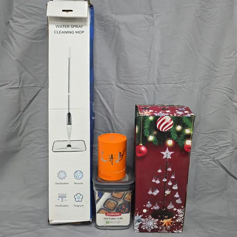 BOX OF APPROXIMATELY 10 ASSORTED HOUSEHOLD ITEMS TO INCLUDE CLEANING MOP, DECORATIVE TREE, ETC - COLLECTION ONLY