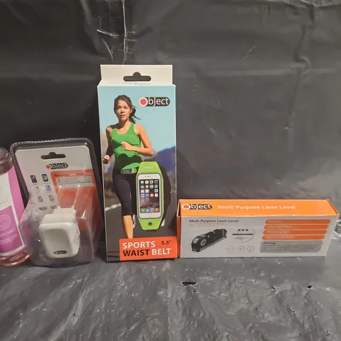 BOX OF APPROXIMATELY 20 HOUSEHOLD PRODUCTS TO INCLUDE BODY MIST, SPORTS WAIST BELTS AND A MULTI PURPOSE LASER LEVEL