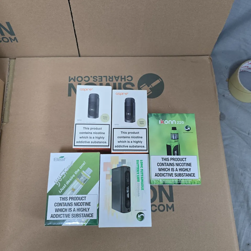 BOX OF APPROXIMATELY 30 ASSORTED E-CIGARETTES AND ACCOMPANIMENTS TO INCLUDE: ASPIRE BP60