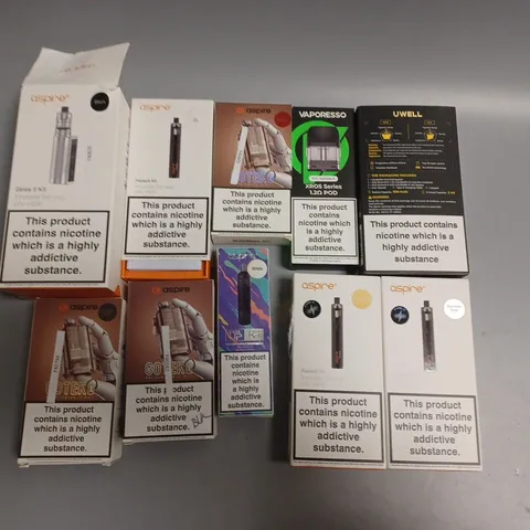 APPROXIMATELY 10 ASSORTED E-CIGARETTE PRODUCTS TO INCLUDE VAPORESSO, ASPIRE, UWELL ETC 