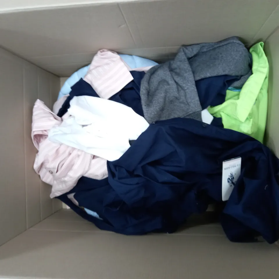 BOX OF ASSORTED CLOTHES APPROXIMATELY 10 TO INCLUDE JACKETS, JUMPERS, T-SHIRTS ETC 