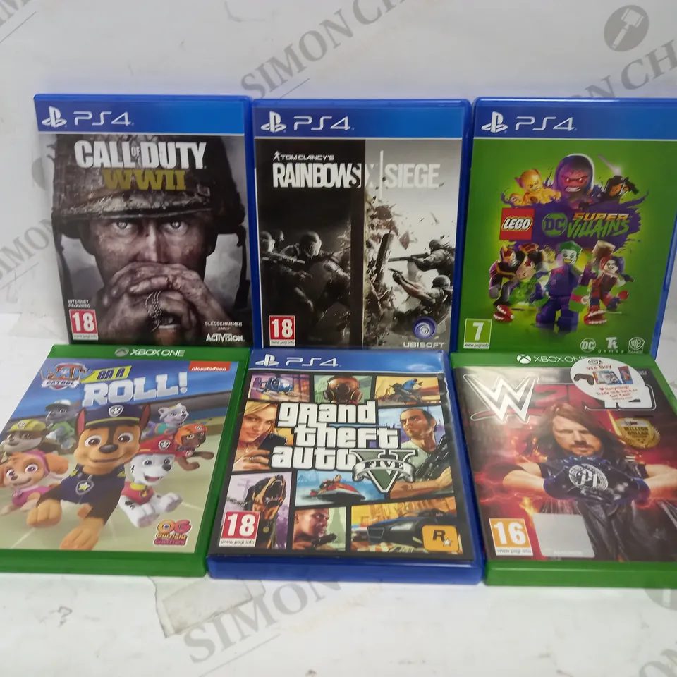 LOT OF 6 XBOX ONE & PS4 GAMES, TO INCLUDE LEGO DC, CALL OF DUTY, GTA, ETC