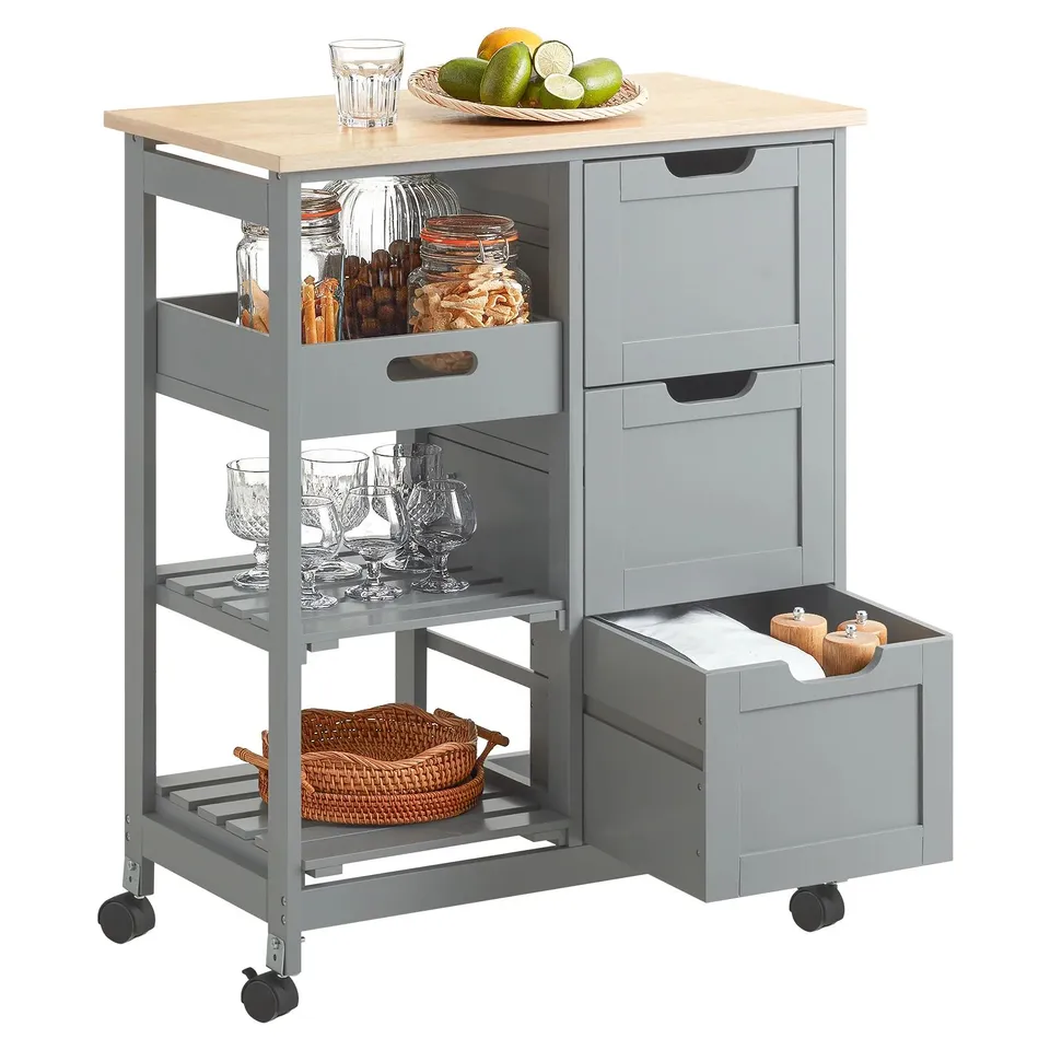 BOXED SOBUY FKW79-HG KITCHEN TROLLEY ON WHEELS WITH RUBBER WOOD VENEER WORKTOP, 3 DRAWERS, 2 SHELVES & REMOVABLE TRAY – ROLLING KITCHEN STORAGE CART GREY 67×37×84.5 CM