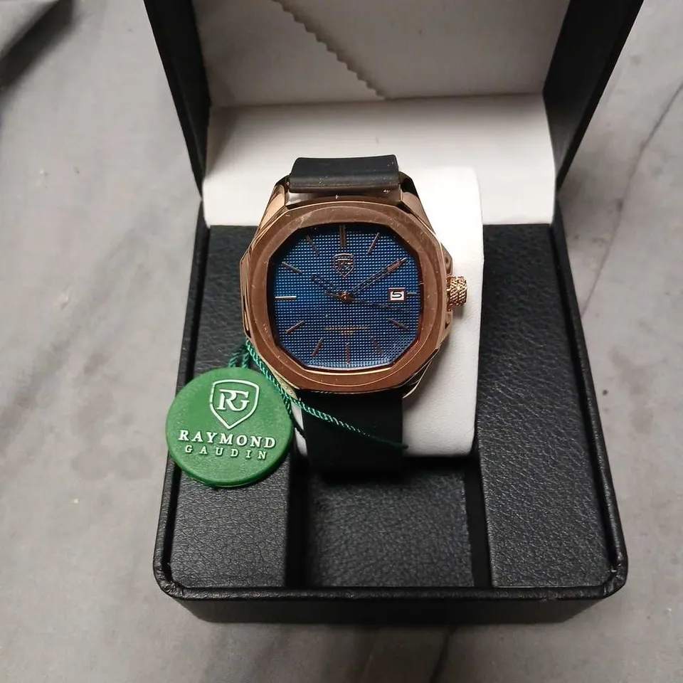 RAYMOND GAUDIN WRISTWATCH – BLUE DIAL, ROSE GOLD CASE, BLACK STRAP