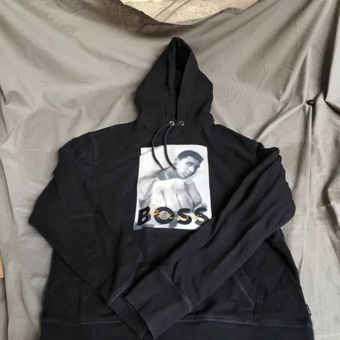 HUGO BOSS HOODIE – BLACK WITH G.O.A.T. PRINT - SIZE M