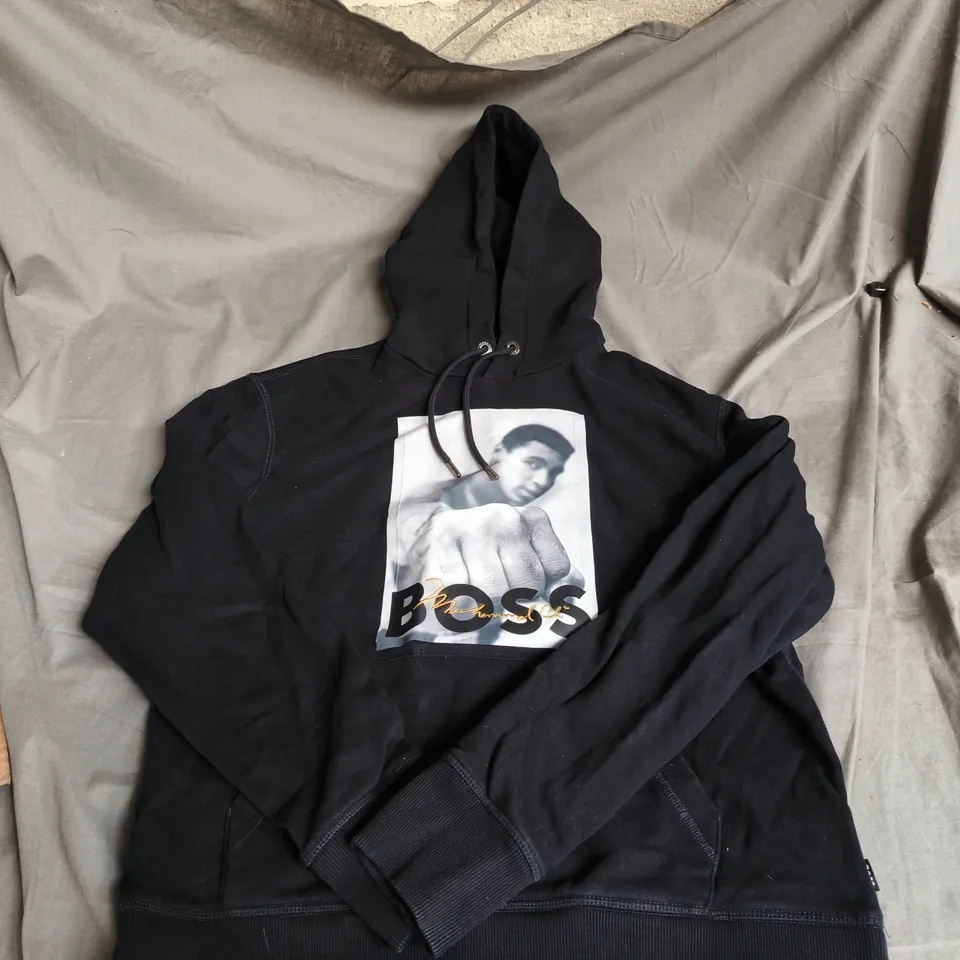 HUGO BOSS HOODIE – BLACK WITH G.O.A.T. PRINT - SIZE M
