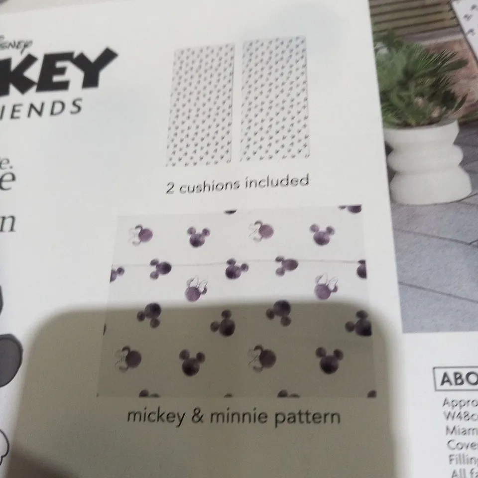 APPROXIMATELY 6 SETS OF TWO BRAND NEW DISNEY MICKEY MOUSE AND FRIENDS MICKEY AND MINNIE MOUSE PATTERN MIAMI CUSHIONS(ONE BOX)