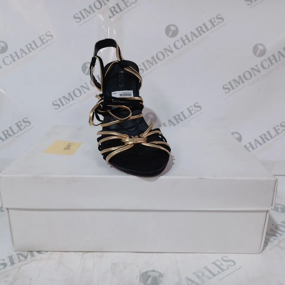 BOXED PAIR OF REISS CASSIDY STRAPPY HEELS IN BLACK/GOLD UK SIZE 4