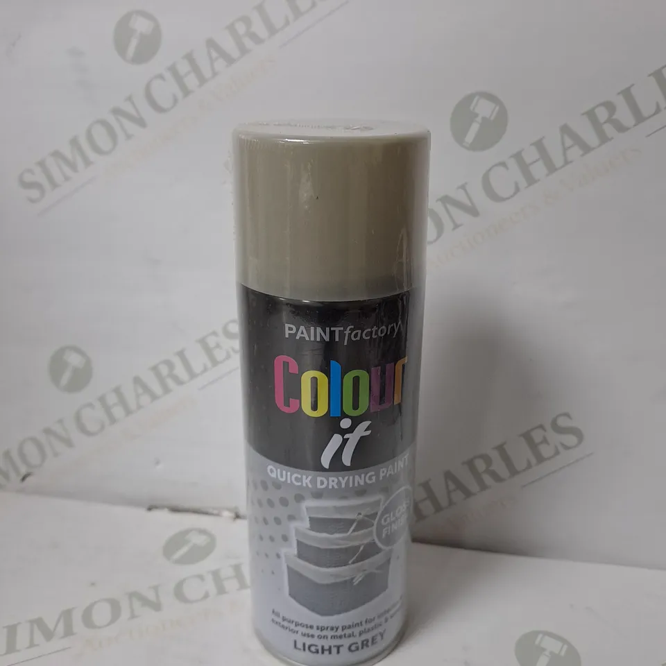 APPROXIMATELY 12 PAINT FACTORY COLOUR IT ALL PURPOSE SPRAY PAINT IN LIGHT GREY 400ML 