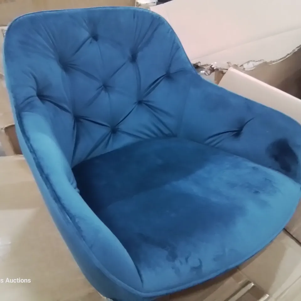 BOXED PAIR BLUE VELVET BAR CHAIRS