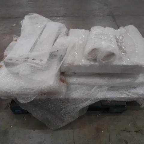 PALLET TO CONTAIN A LARGE WOODEN WHITE MARBLE EFFECT DINING TABLE AND PARTS