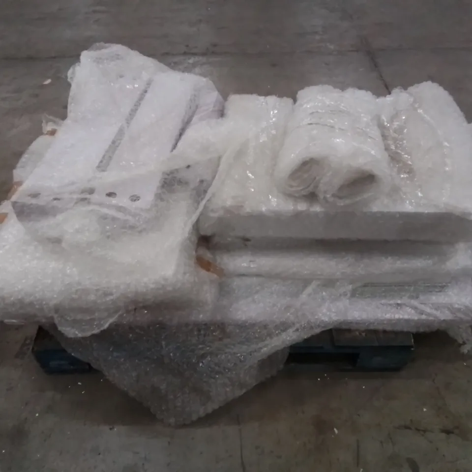 PALLET TO CONTAIN A LARGE WOODEN WHITE MARBLE EFFECT DINING TABLE AND PARTS