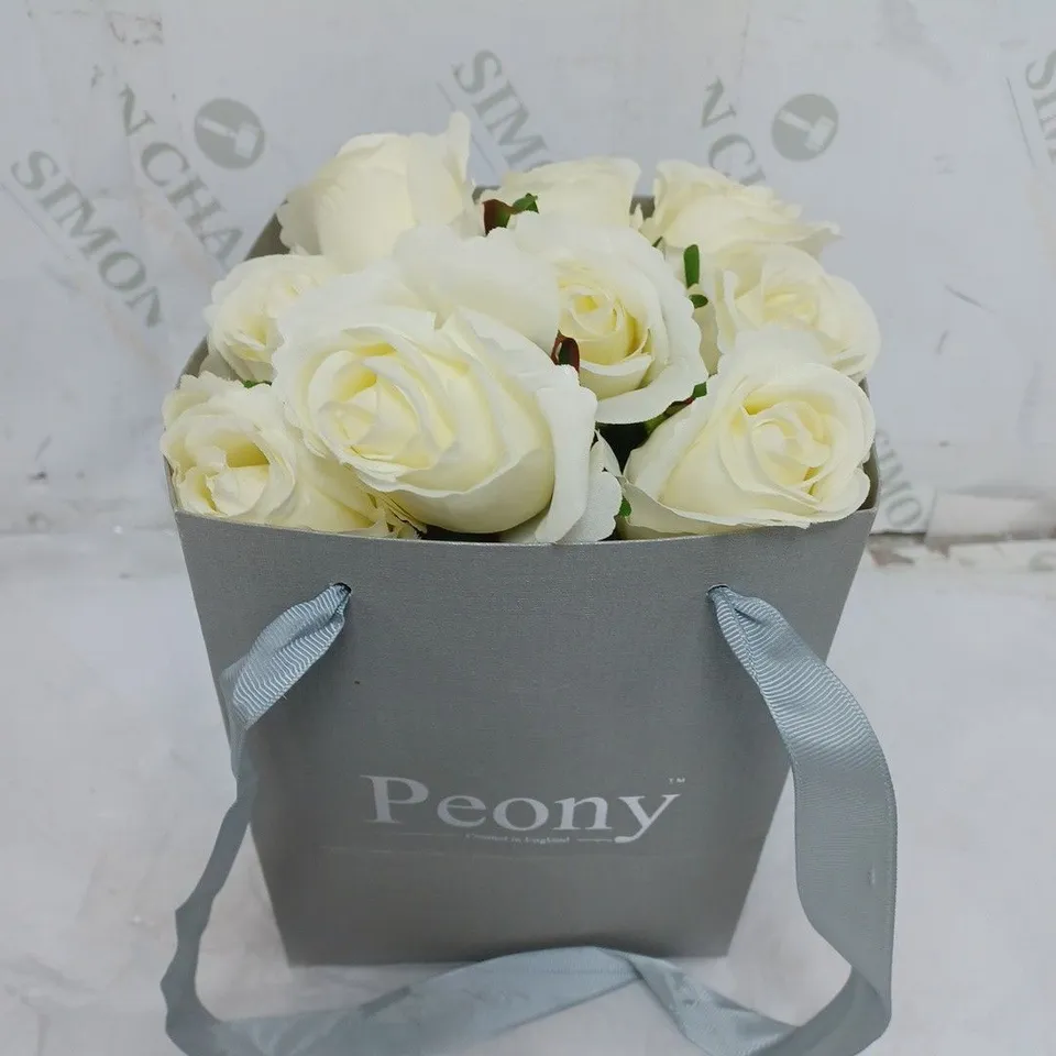 BOXED FAUX FLOWER ARRANGEMENT WITH VASE AND PEONY FLOWER AND ROOM SCENT WHITE ROSES