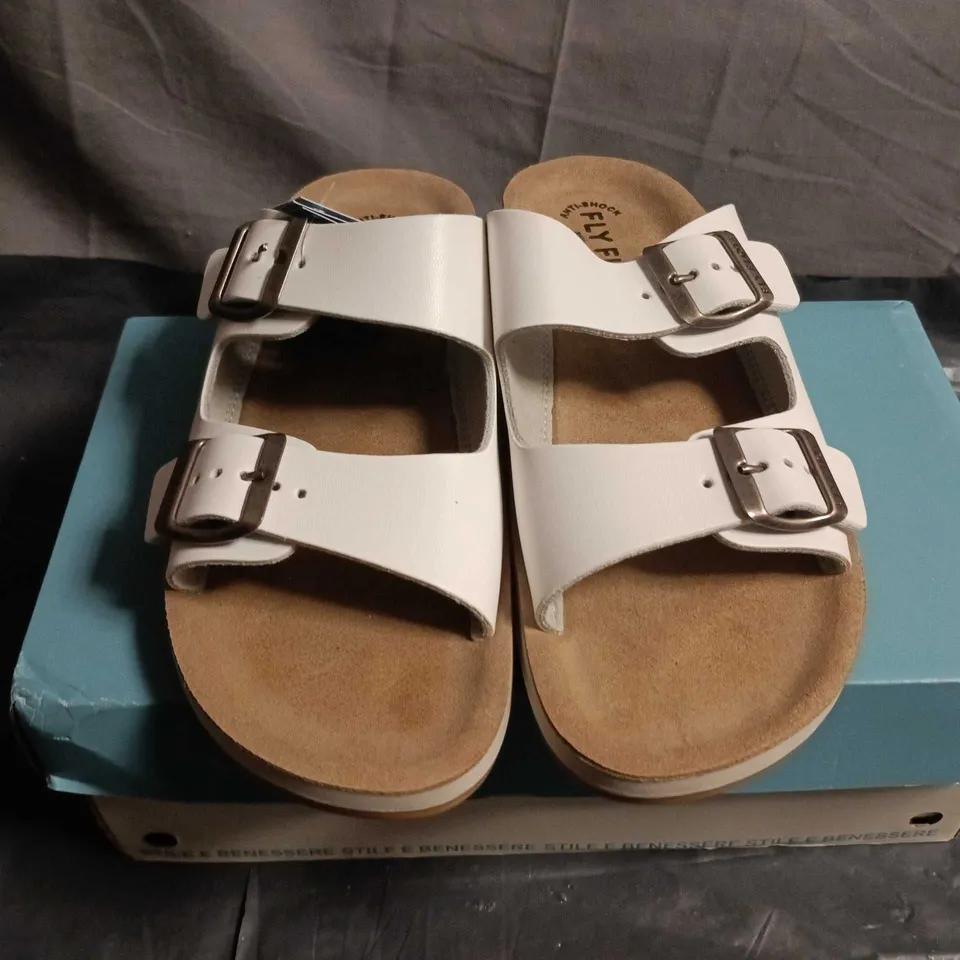 BOXED PAIR OF FLY FLOT WHITE DOUBLE-BUCKLE SANDALS – UK 5 (EU 38)