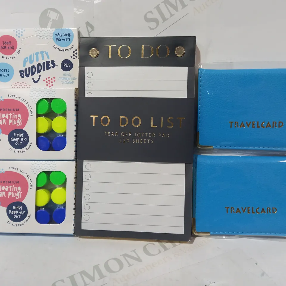 LOT OF APPROXIMATELY 10 ASSORTED HOUSEHOLD ITEM TO INCLUDE PUTTY BUDDIES EAR PLUGS, TO DO LIST, TRAVELCARD CARD HOLDER, ETC