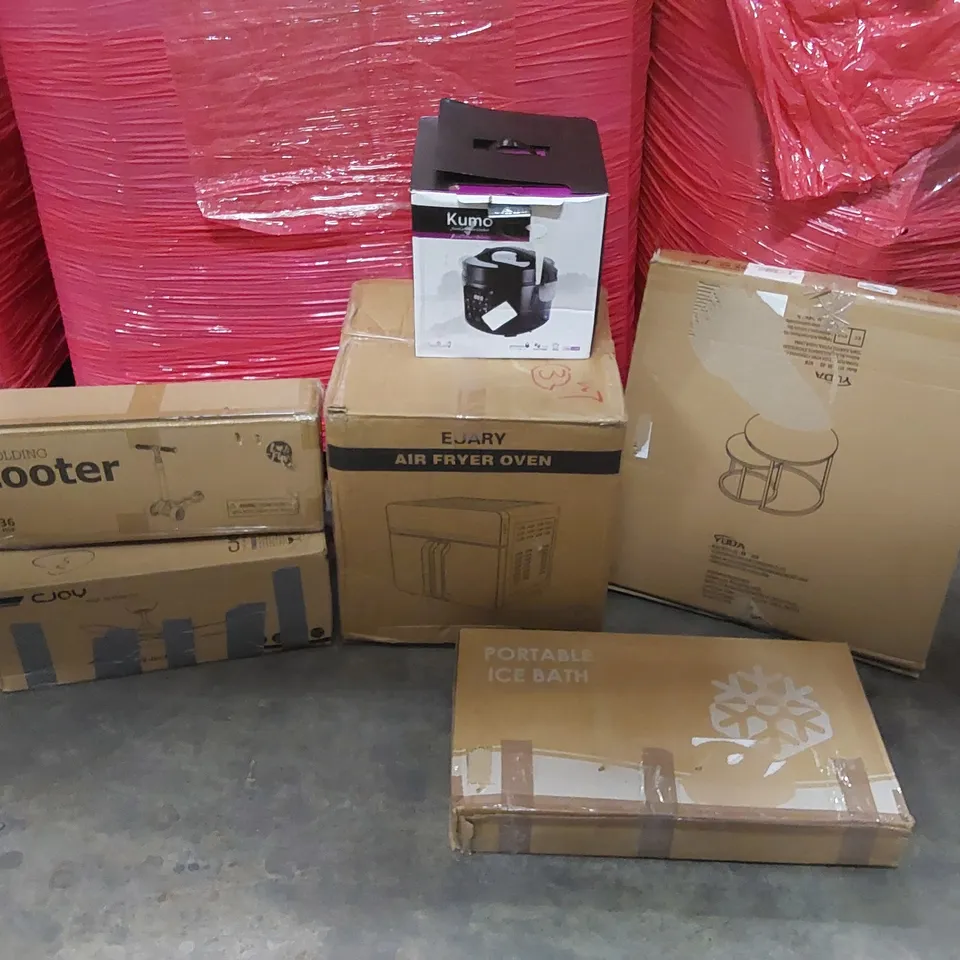 PALLET OF ASSORTED CONSUMER PRODUCTS TO INCLUDE: AIR FRYER, RICE COOKER, NEST OF TABLES, CEILING FAN, BALANCE SCOOTER, PORTABLE ICE BATH ECT