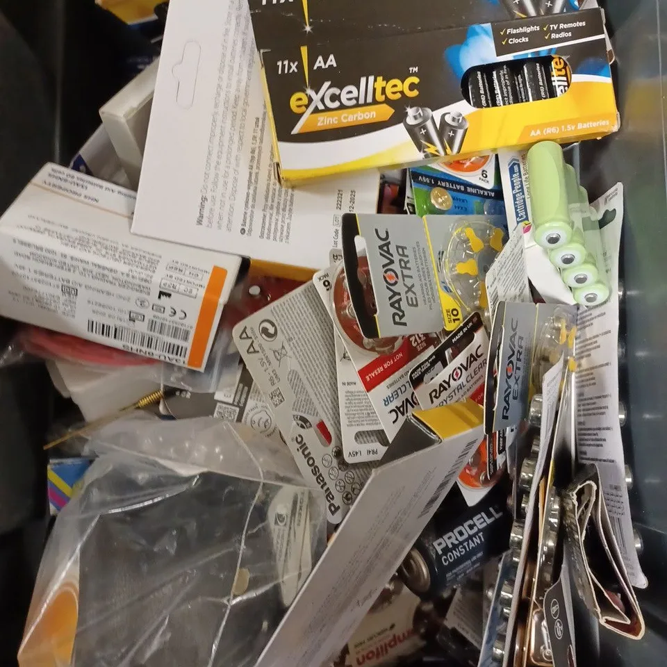 BOX OF ASSORTED BATTERIES IN VARIOUS SIZES TO INCLUDE AA, A23, CR 2016 ETC