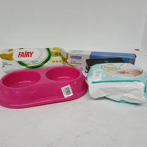 BOX OF APPROXIMATELY 20 ASSORTED ITEMS TO INCLUDE PAMPERS, FAIRY, PET BOWL, 4 HOLE METAL PUNCH ETC