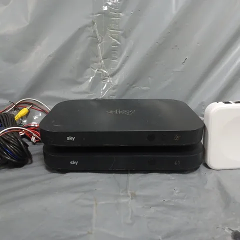 APPROXIMATELY 8 ASSORTED ELECTRICAL ITEMS TO INCLUDE SKY Q BOX, VARIOUS CABLES AND PLUGS, ETC