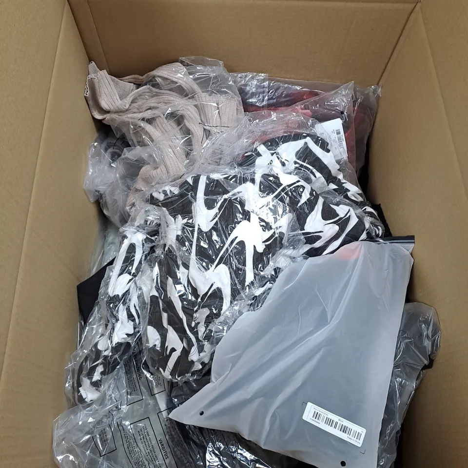 LARGE BOX OF ASSORTED CLOTHING ITEMS IN VARIOUS COLOURS AND SIZES INCLUDING TROUSERS , TOPS AND JUMPERS 