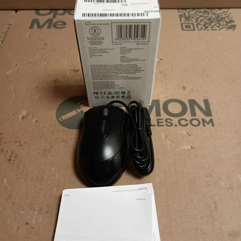 BOX OF 10 OF KENSINGTON MOUSE IN A BOX WIRED OPTICAL USB MOUSE