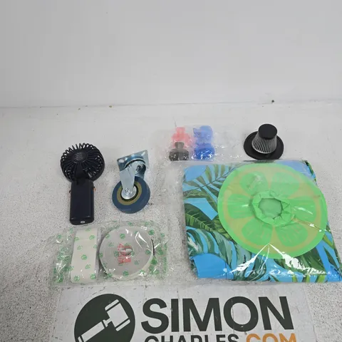TOTE OF APPROXIMATELY 10 ASSORTED ITEMS INCLUDING A POOL FLOAT, A VELCRO ROLL AND A DIGITAL DISPLAY HANDHELD FAN