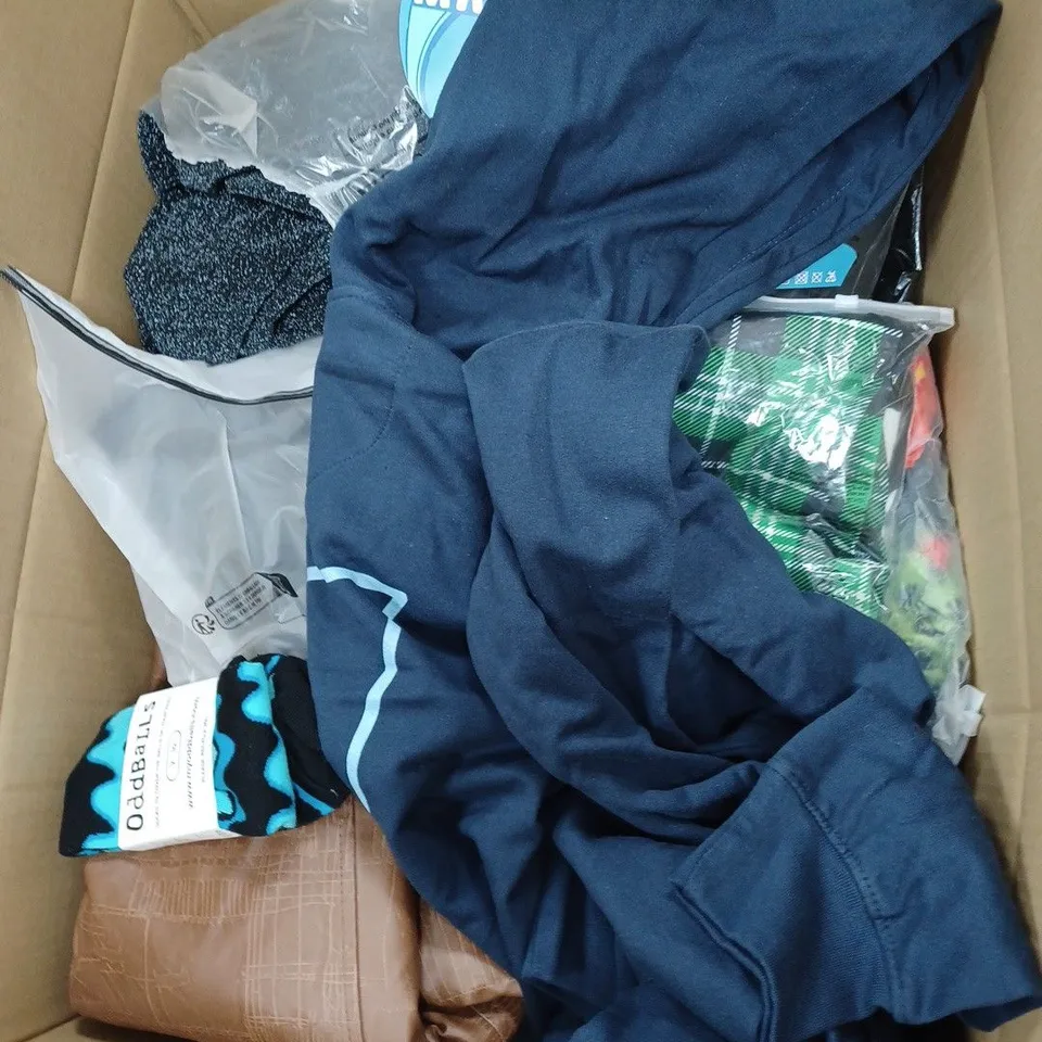LARGE BOX OF ASSORTED CLOTHING ITEMS IN VARIOUS COLOURS AND SIZES INCLUDING TROUSERS , TOPS AND JUMPERS 