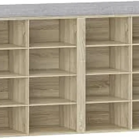 BOXED SHOE STORAGE BENCH WITH PADDED SEAT, 16 OPEN COMPARTMENTS - WHITE OAK