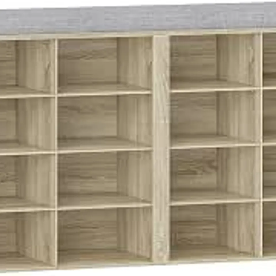 BOXED SHOE STORAGE BENCH WITH PADDED SEAT, 16 OPEN COMPARTMENTS - WHITE OAK