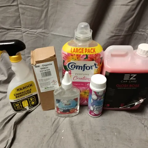 APPROXIMATELY 10 ASSORTED HOUSEHOLD LIQUID PRODUCTS TO INCLUDE CAR CARE GLOSS BOSS, YASS CLEAN SPARKLING WHITE, DIGESTA, ETC - COLLECTION ONLY