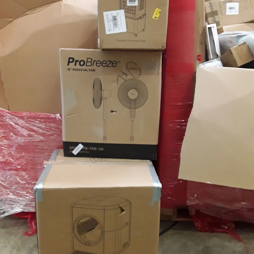 PALLET OF ASSORTED HOUSEHOLD GOODS AND PRODUCTS TO INCLUDE; CAT ACCESSORIES, PRO BREEZE FAN, AIR COOLERS, LAWN MOWER, BOXED FURNITURE ETC