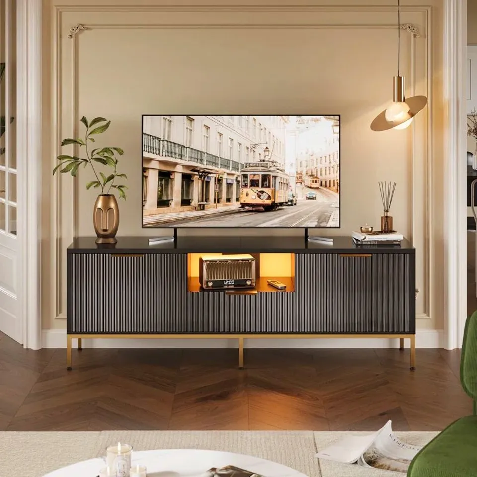 BOXED FLUTED TV STAND, GLOSSY MEDIA CONSOLE WITH WAVE PATTERN BUFFET CABINET - BLACK (1 BOX)