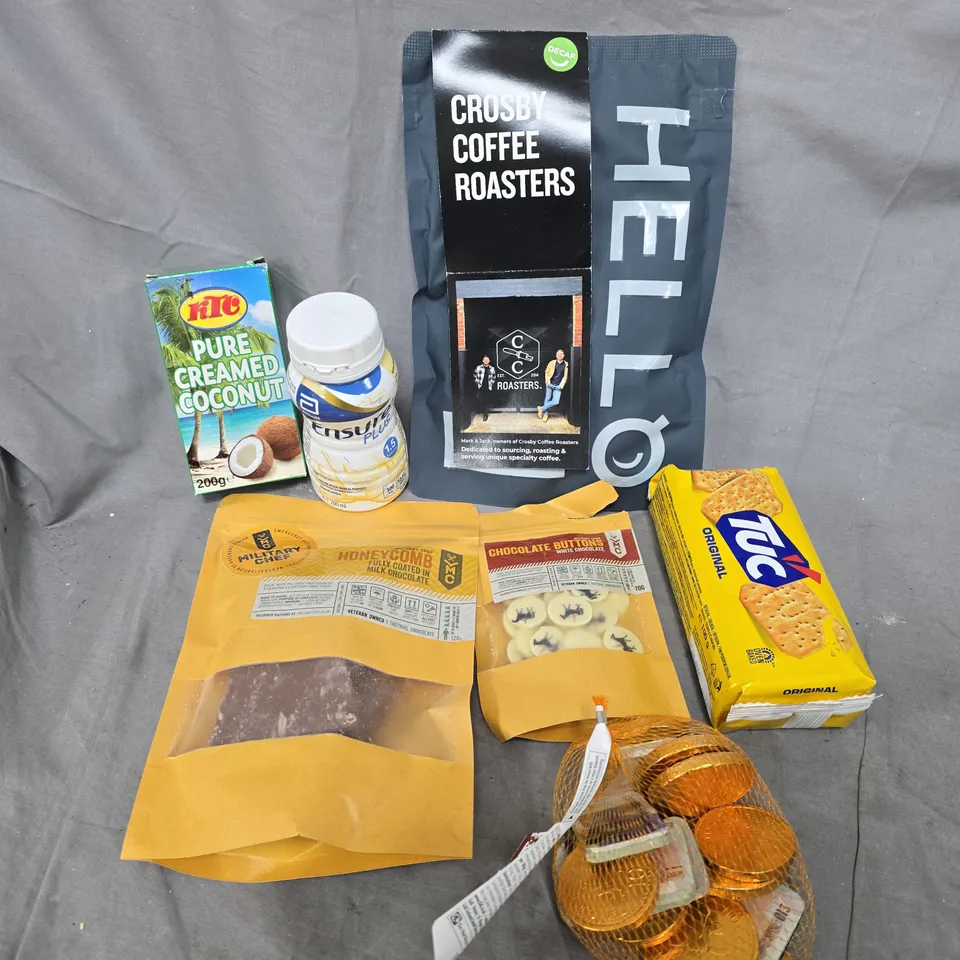 APPROXIMATELY 20 ASSORTED FOOD/DRINK PRODUCTS TO INCLUDE CROSBY COFFEE, CREAMED COCONUT, TUC CRACKERS ETC 