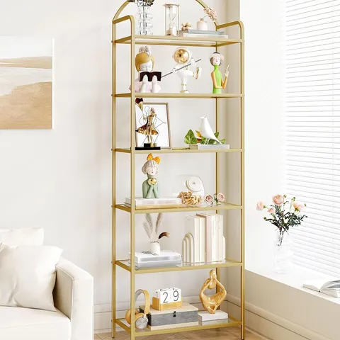 BOXED HZUANERI 6 TIER BOOKCASE BOOKSHELF, TEMPERED GLASS BOOKSHELVES - GOLD STEEL FRAME (1 BOX)