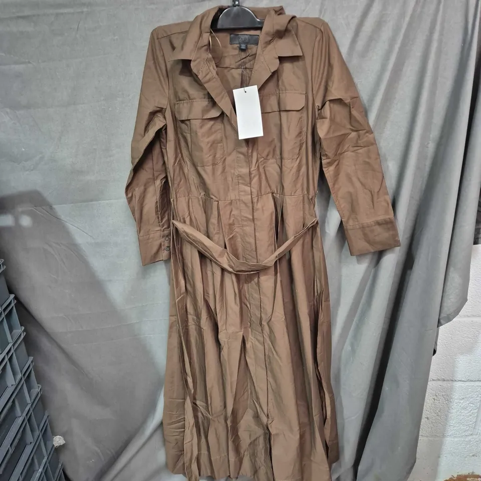 ZARA WOMEN’S BELTED LONG COAT IN BROWN – CARGO/UTILITY STYLE. SMALL