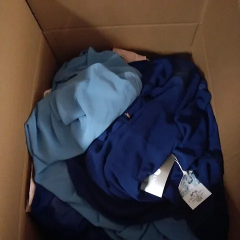BOX OF APPROXIMATELY 30 ASSORTED CLOTHING ITEMS TO INCLUDE PERSONAL CHOICE, MASCARA ETC