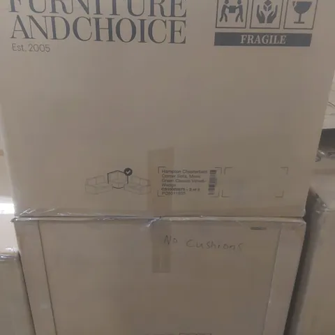 BOXED HAMPTON CHESTERFIELD CORNER SOFA PARTS - BOXES 1 AND 2 OUT OF 3 ONLY - ALSO MISSING CUSHIONS (2 BOXES)