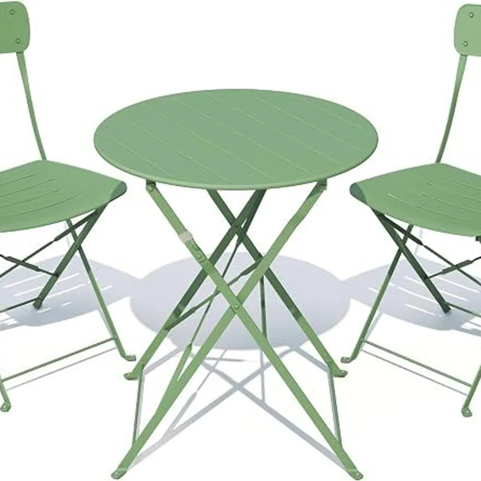 BOXED GRAND PATIO OUTDOOR BISTRO SET, METAL FOLDING CHAIRS SET OF 3, PATIO TABLE AND CHAIR SET FOR BALCONY BCKYARD LAWN (SAGE GREEN)