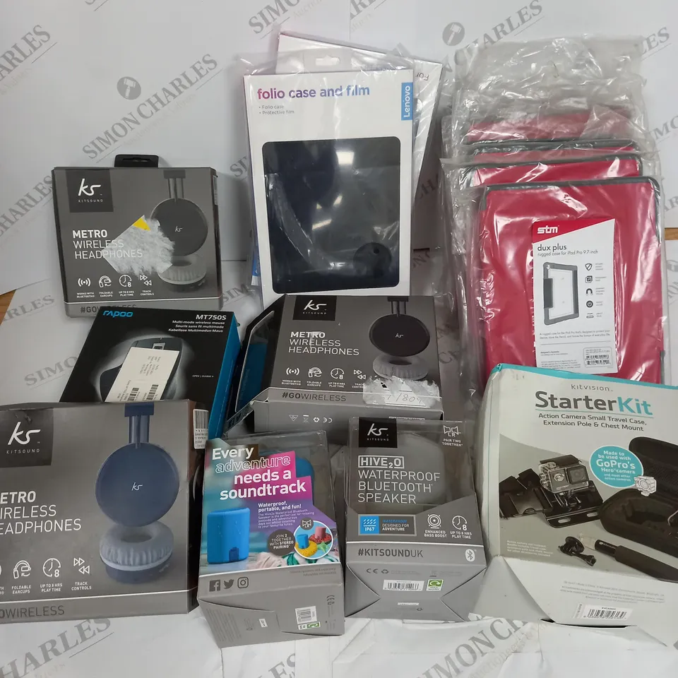 APPRROXIMATELY 18 ASSORTED ELECTRICAL ITEMS INLUDING KS WATERPROOF BLUETOOTH SPEAKER, KS HEADPHONES, RED DUX RUGGED CASE IPAD PRO 9.7 INCH