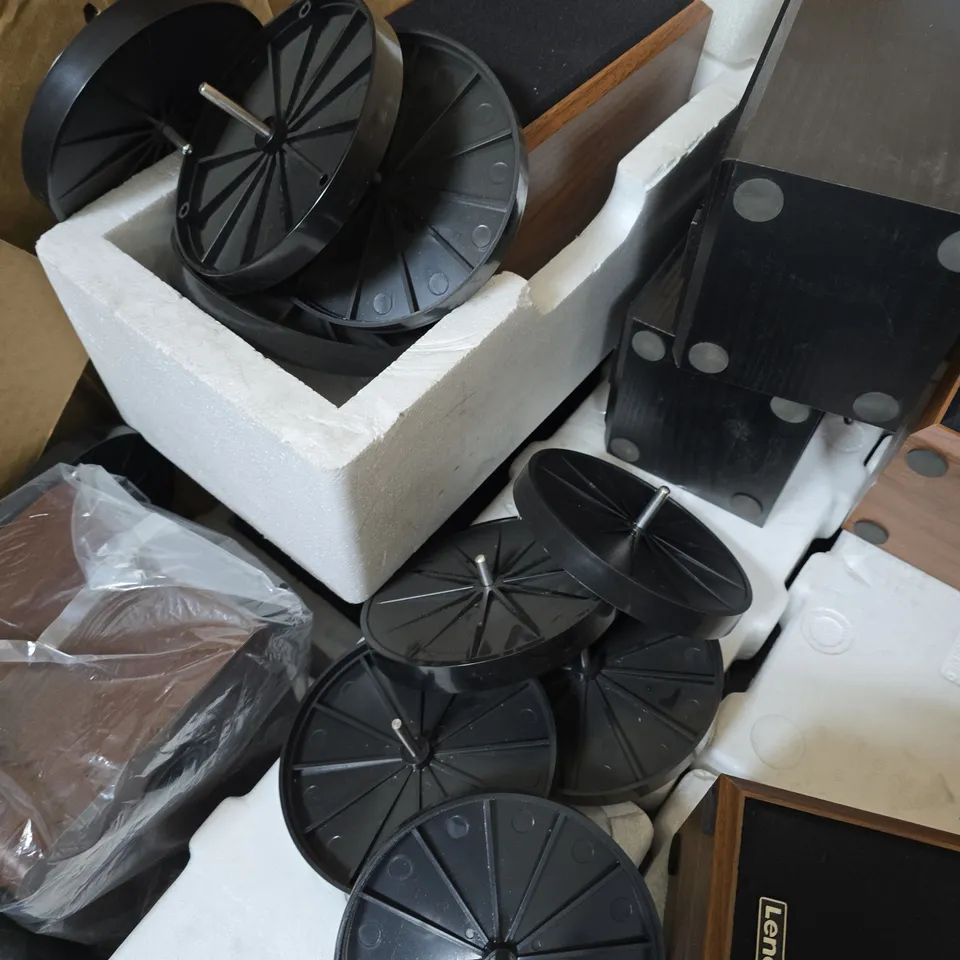 PALLET OF ASSORTED TURNTABLE ACCESSORIES TO CONTAIN PRIMARILY LENCO WOOD EFFECT SPEAKERS