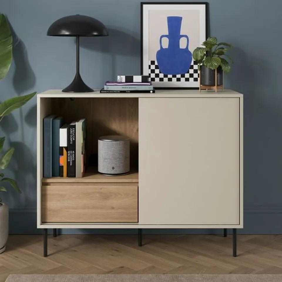 BOXED BENNIE OPEN SIDEBOARD - STONE (1 BOX)