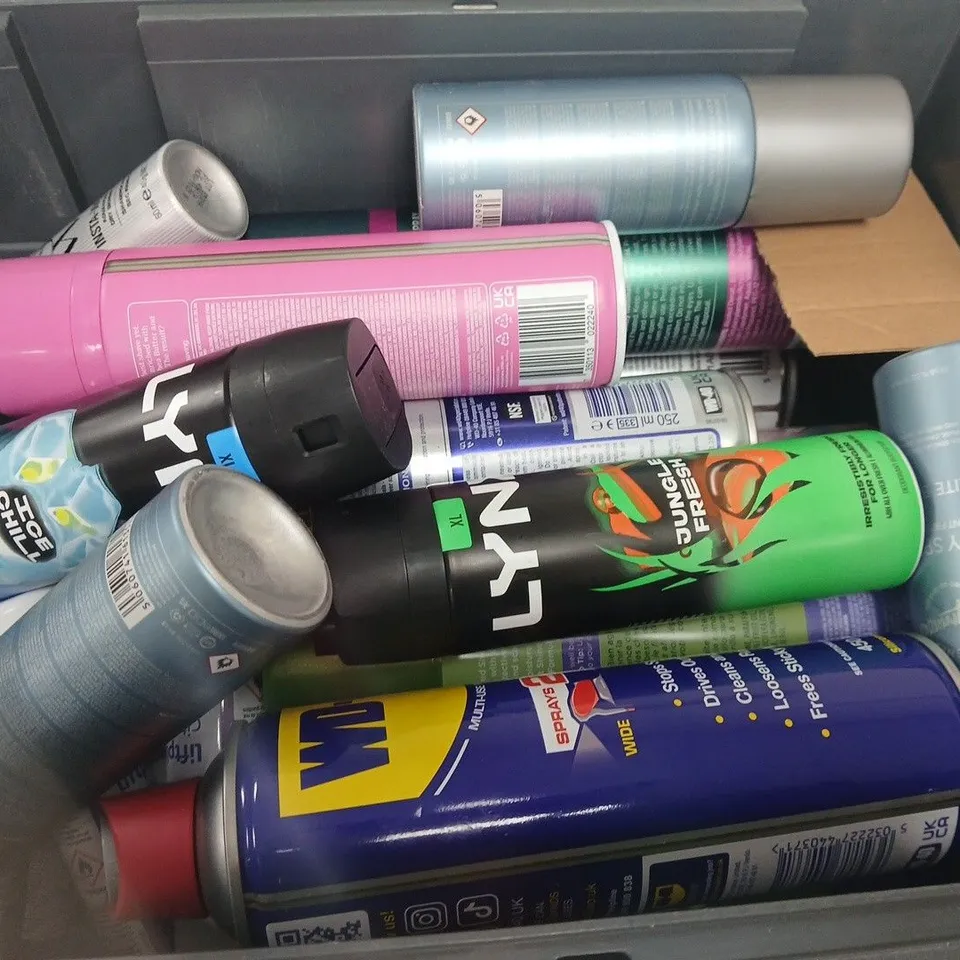 APPROXIMATELY 15 ASSORTED AEROSOLS TO INCLUDE WD40, LYNX ICE CHILL, WELLA MAXIMUM HOLD, ETC