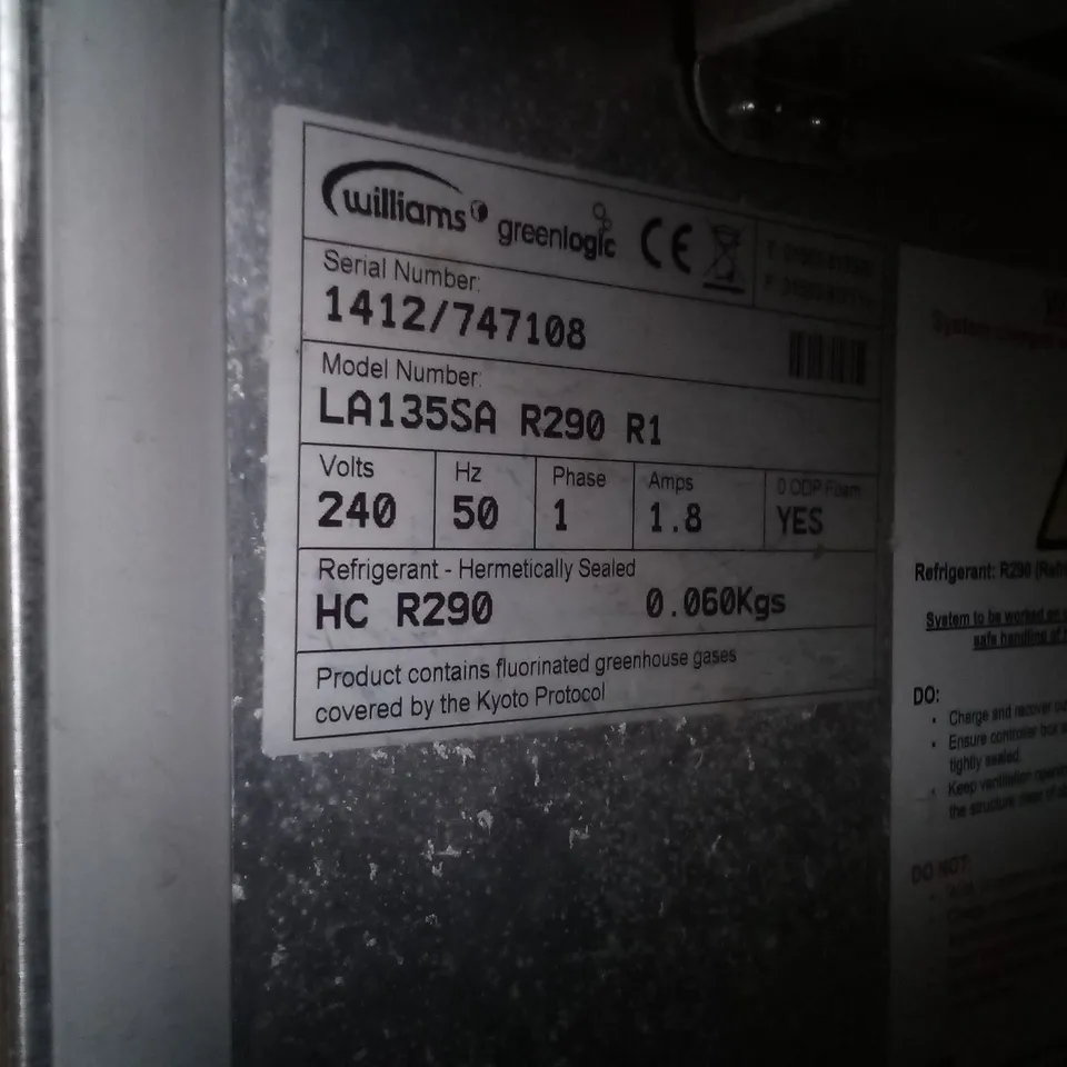 WILLIAMS LA135SA R290 R1 AMBER COMMERCIAL UNDER COUNTER FREEZER