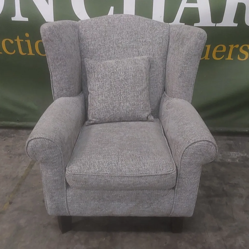 DENTON CHUNKY WEAVE FABRIC WING BACK CHAIR - GREY